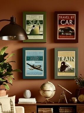 Wanderlust Retro Travel Wall Decor, Set of 4, Sea Air Car Train Cruise